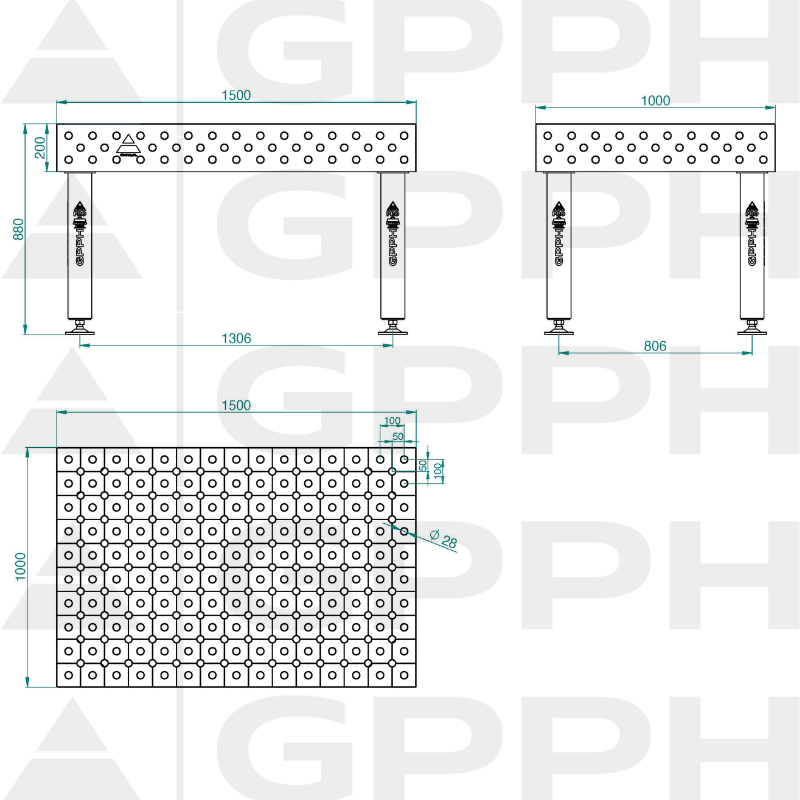 Mesa de soldadura PRO INOX Tamaño: 1500 x 1000 mm, rejilla: DIAGONAL, sistema: Φ28, patas: sobre pies - dibujo técnico