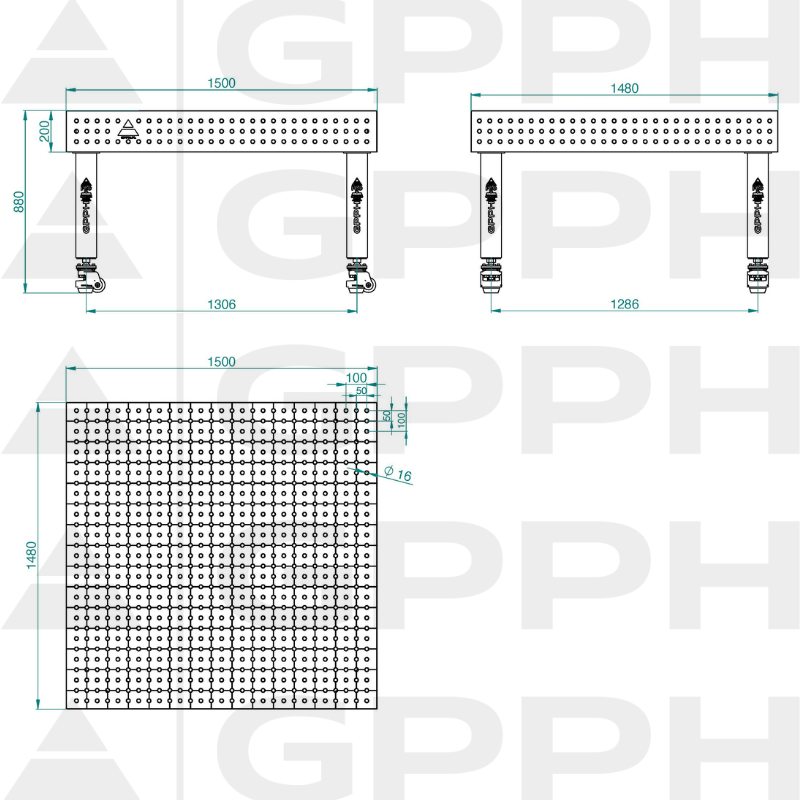 Svařovací stůl PRO INOX Rozměry – 1500 x 1480 mm, síťovina – 50 x 50 mm, systém – Φ16, nohy – na kolečkách – technický výkres