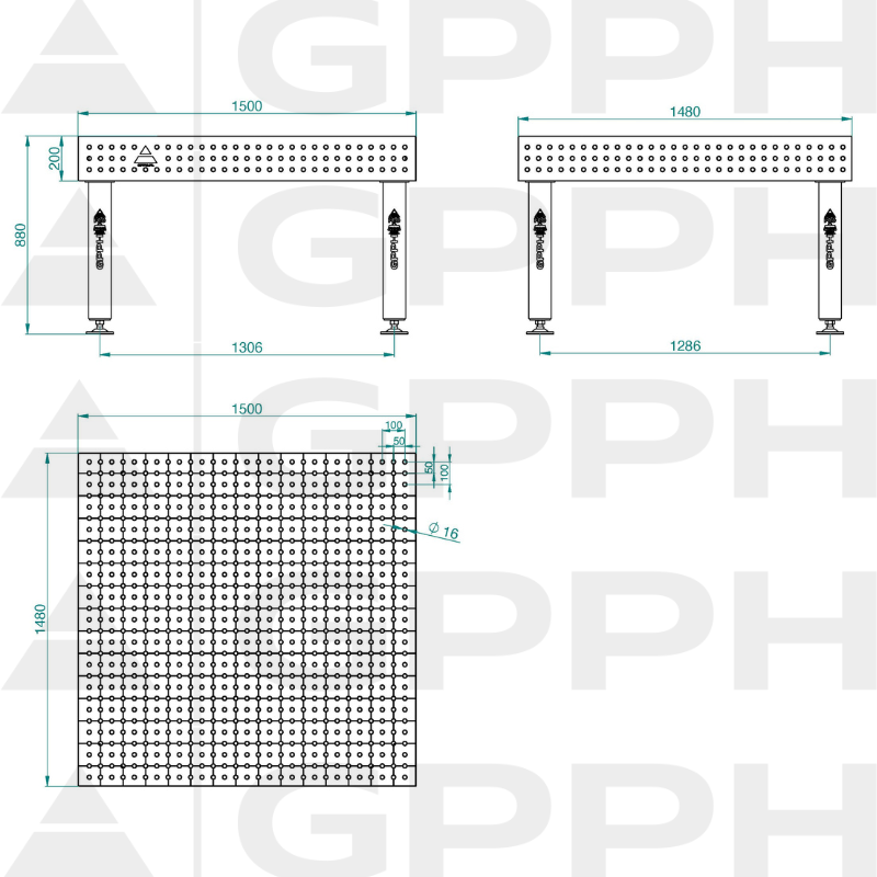 Svařovací stůl PRO INOX Rozměry – 1500 x 1480 mm, síťovina – 50 x 50 mm, systém – Φ16, nohy – na patkách – technický výkres