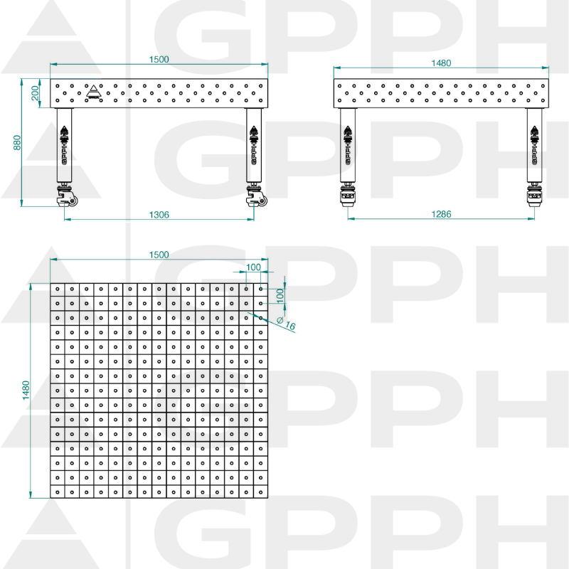 Svařovací stůl PRO INOX Rozměry – 1500 x 1480 mm, síťovina – 100 x 100 mm, systém – Φ16, nohy – na kolečkách – technický výkres