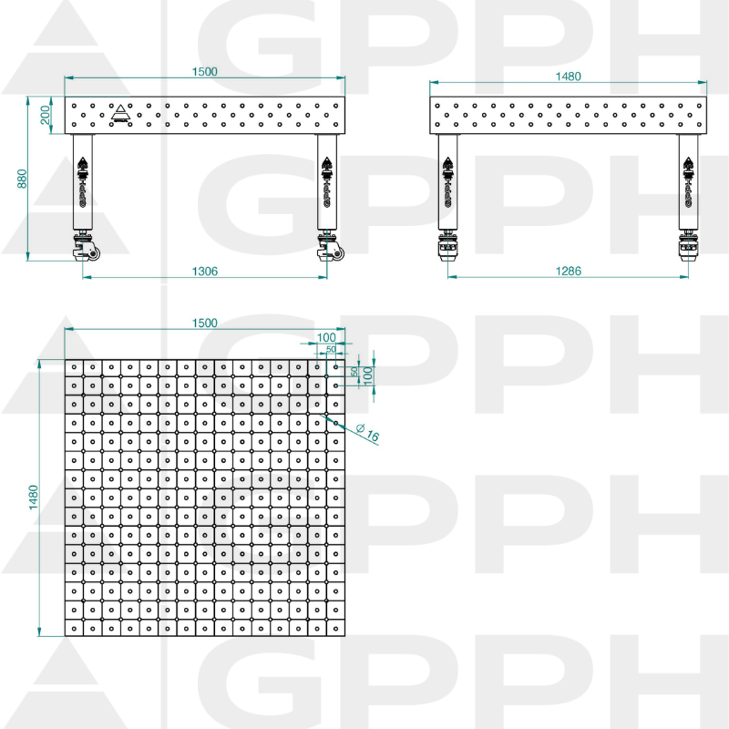 Svařovací stůl PRO INOX Rozměry – 1500 x 1480 mm, síťovina – DIAGONÁLNÍ, systém – Φ16, nohy – na kolečkách – technický výkres