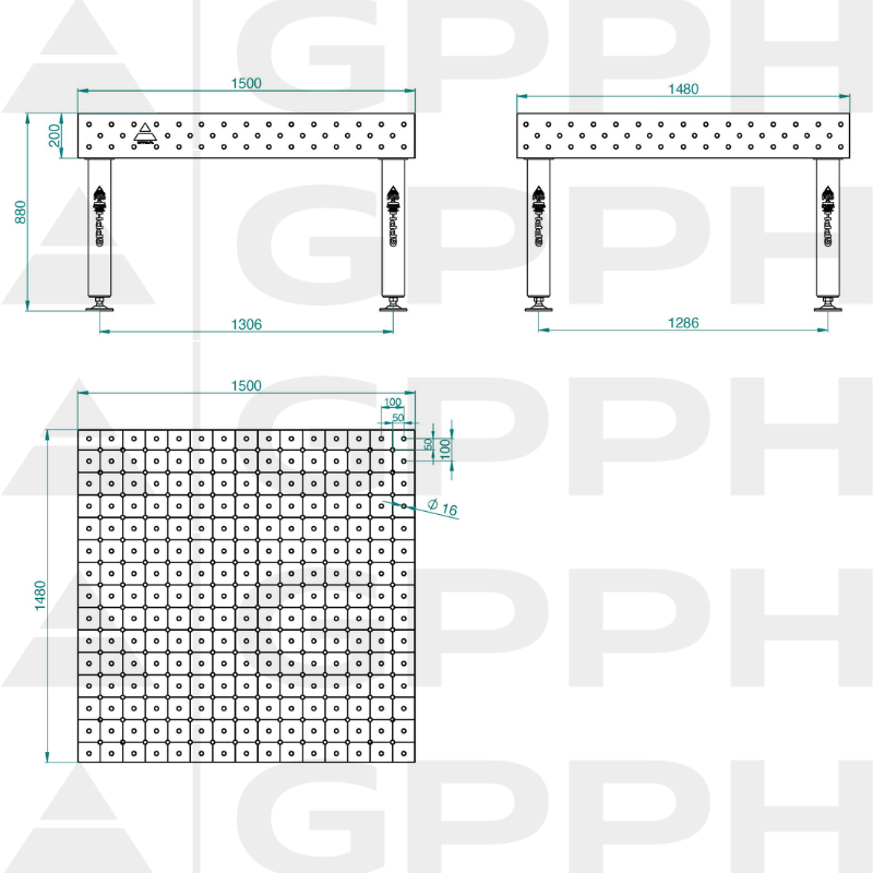 Svařovací stůl PRO INOX Rozměry – 1500 x 1480 mm, síťovina – DIAGONÁLNÍ, systém – Φ16, nohy – na patkách – technický výkres