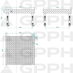 Mesa de soldadura PRO INOX Tamaño: 1500 x 1480 mm, rejilla: DIAGONAL, sistema: Φ28, patas: con ruedas - dibujo técnico
