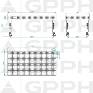 Svařovací stůl PRO INOX Rozměry – 2000 x 1000 mm, Mřížka – 50 x 50 mm, Systém – Φ16, Nohy – Na kolečkách – technický výkres