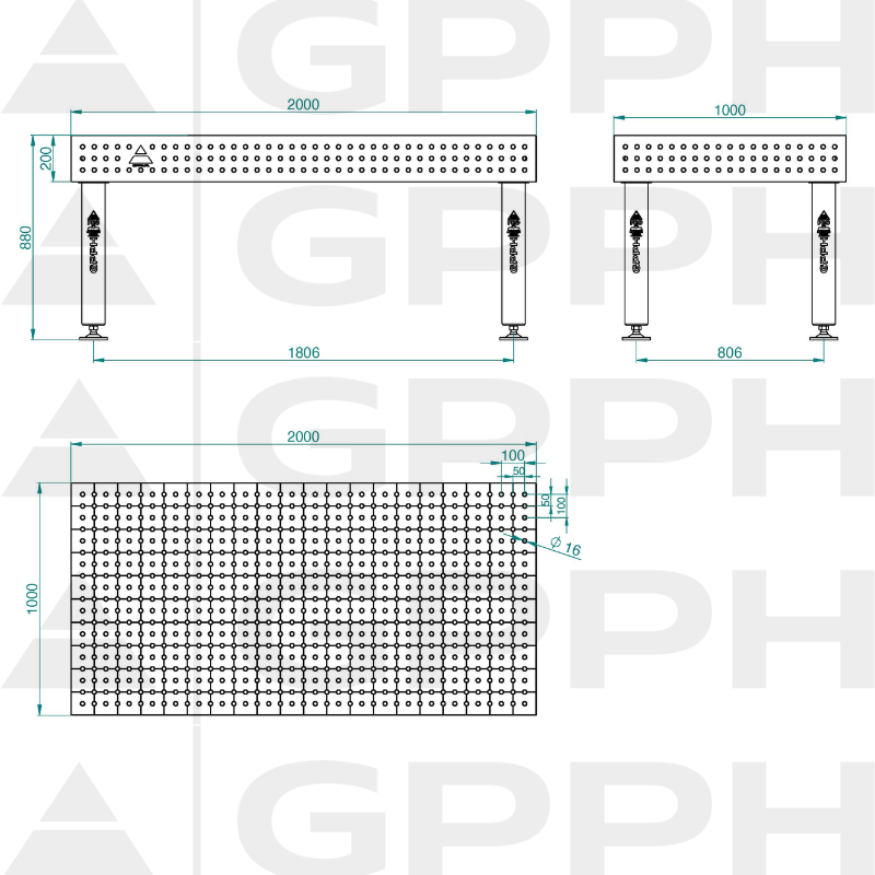 PRO INOX Welding Table Size - 2000x1000mm, Grid - 50x50mm, System - Φ16, Legs - On feet - technical drawing