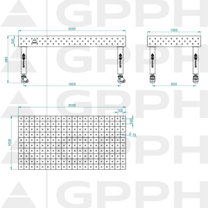 Svařovací stůl PRO INOX Rozměry – 2000 x 1000 mm, Mřížka – 100 x 100 mm, Systém – Φ16, Nohy – Na kolečkách – technický výkres