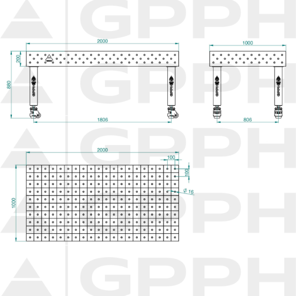 Svařovací stůl PRO INOX Rozměry – 2000 x 1000 mm, Mřížka – 100 x 100 mm, Systém – Φ16, Nohy – Na kolečkách – technický výkres