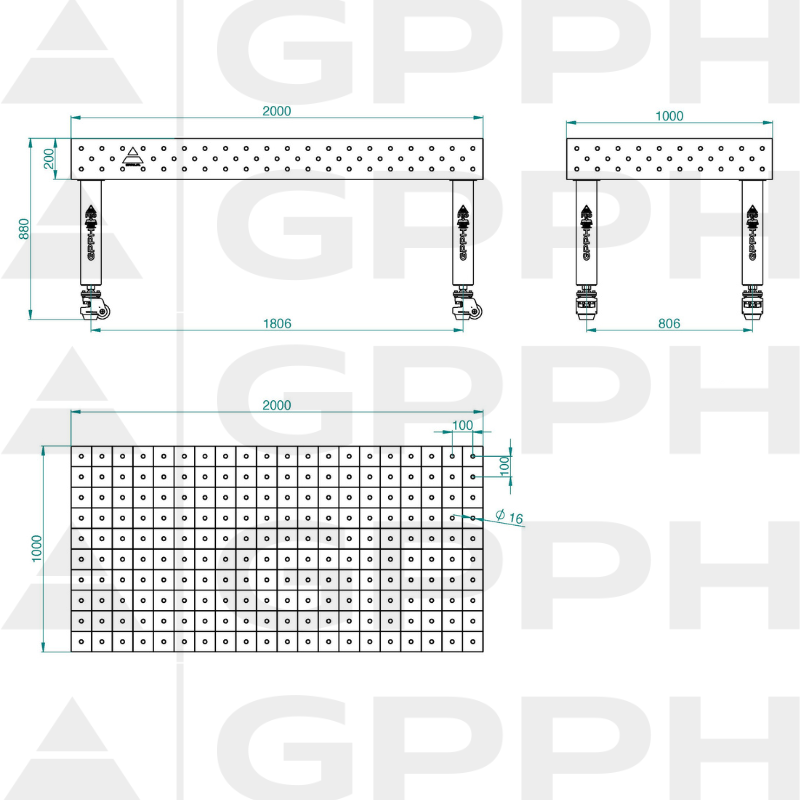 PRO INOX Welding Table Size - 2000x1000mm, Grid - 100x100mm, System - Φ16, Legs - On wheels - technical drawing