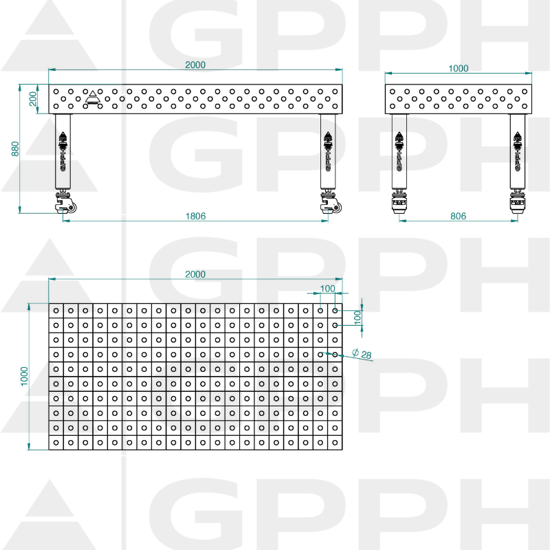 PRO INOX Welding Table Size - 2000x1000mm, Grid - 100x100mm, System - Φ28, Legs - On wheels - technical drawing