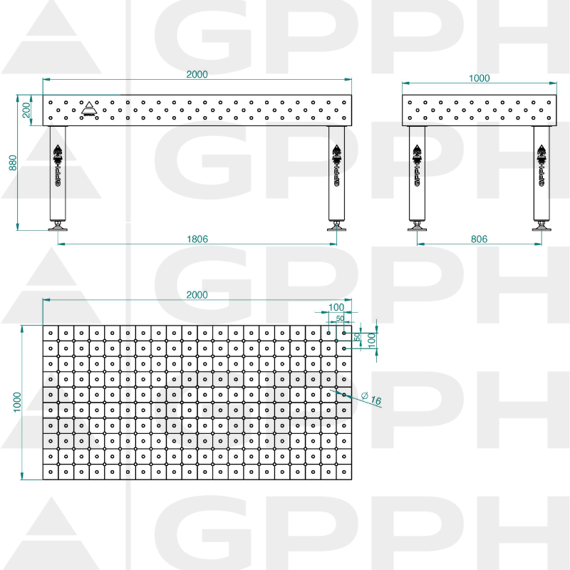 PRO INOX Welding Table Size - 2000x1000mm, Grid - DIAGONAL, System - Φ16, Legs - On feet - technical drawing