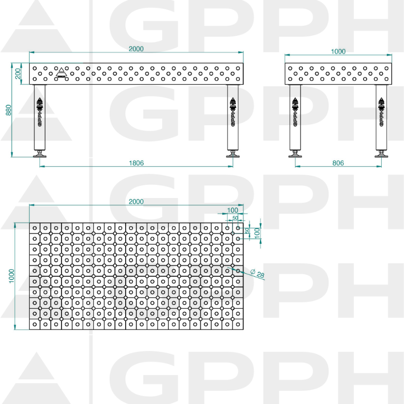 PRO INOX Welding Table Size - 2000x1000mm, Grid - DIAGONAL, System - Φ28, Legs - On feet - technical drawing