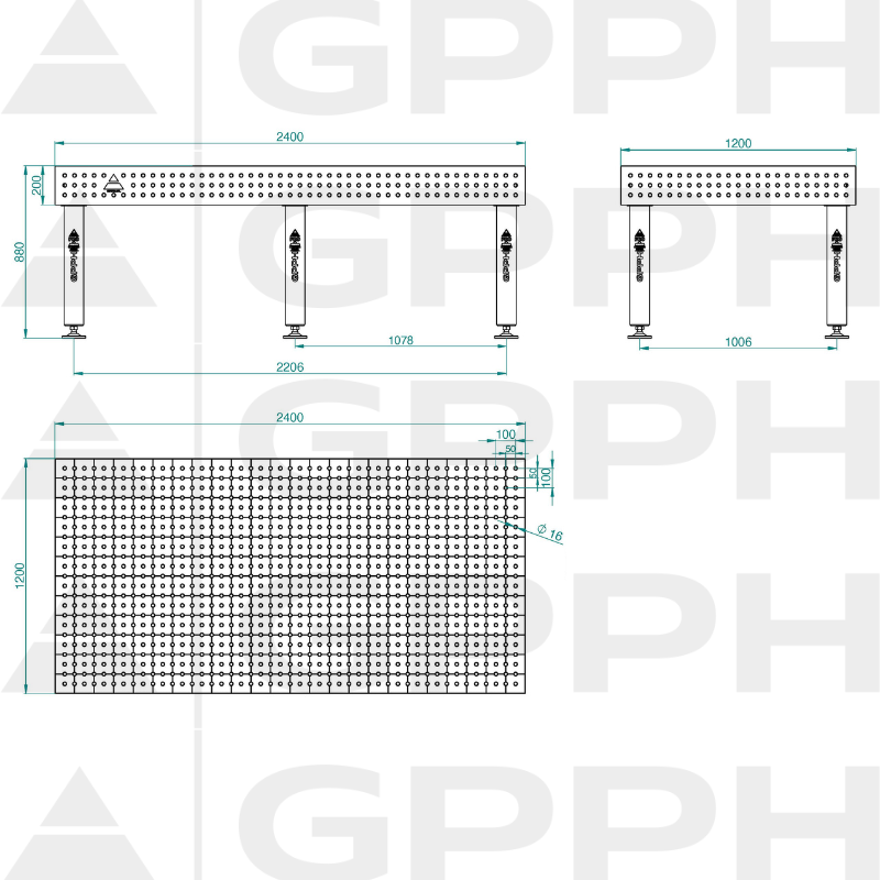 PRO INOX Welding Table Size - 2400x1200mm, Grid - 50x50mm, System - Φ16, Legs - On feet - technical drawing