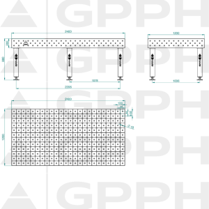 Table de soudage PRO INOX Dimensions : 2400 x 1200 mm, Grille : DIAGONALE, Système : Φ16, Pieds : Sur pieds - dessin technique