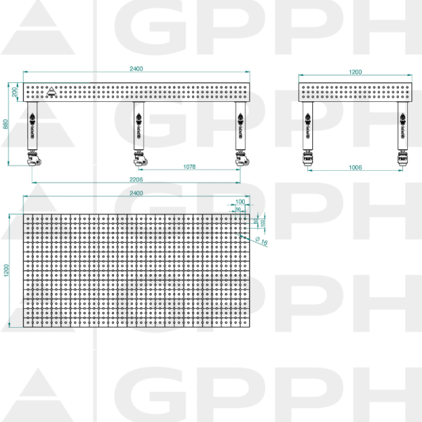 Table de soudage PRO Grille - 50x50 mm, Système - Φ16, Dimensions - 2400x1200 mm, Pieds - Sur roulettes Dessin technique