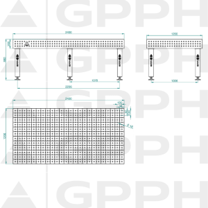 Table de soudage PRO Grille - 50x50 mm, Système - Φ16, Dimensions - 2400x1200 mm, Pieds - Sur patins Dessin technique