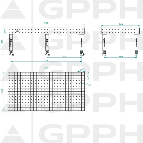 Table de soudage PRO Grille - 100x100 mm, Système - Φ16, Dimensions - 2400x1200 mm, Pieds - Sur roulettes Dessin technique