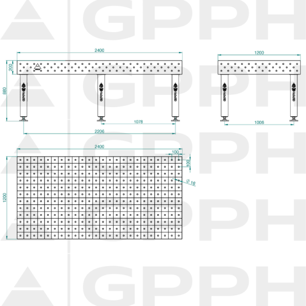 Table de soudage PRO Grille - 100x100 mm, Système - Φ16, Dimensions - 2400x1200 mm, Pieds - Sur patins Dessin technique