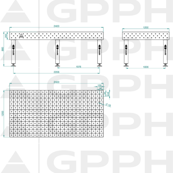 Table de soudage PRO Grille - diagonale,  Système - Φ16, Dimensions - 2400x1200mm, Pieds - Sur pieds Dessin technique