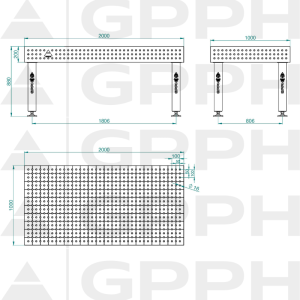 Table de soudage PRO Grille - 50x50 mm, Système - Φ16, Dimensions - 2000x1000 mm, Pieds - Sur patins Dessin technique