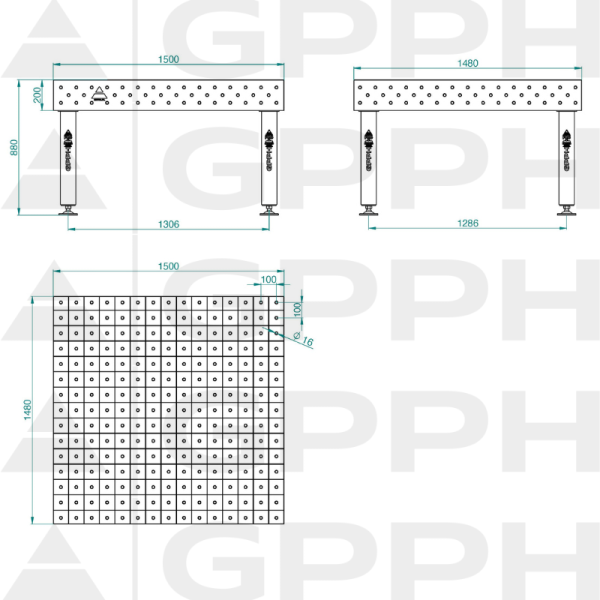 Mesa de soldadura PRO Malla: 100 x 100 mm, sistema: Φ16, tamaño: 1500 x 1480 mm, patas: con ruedas. Dibujo técnico.