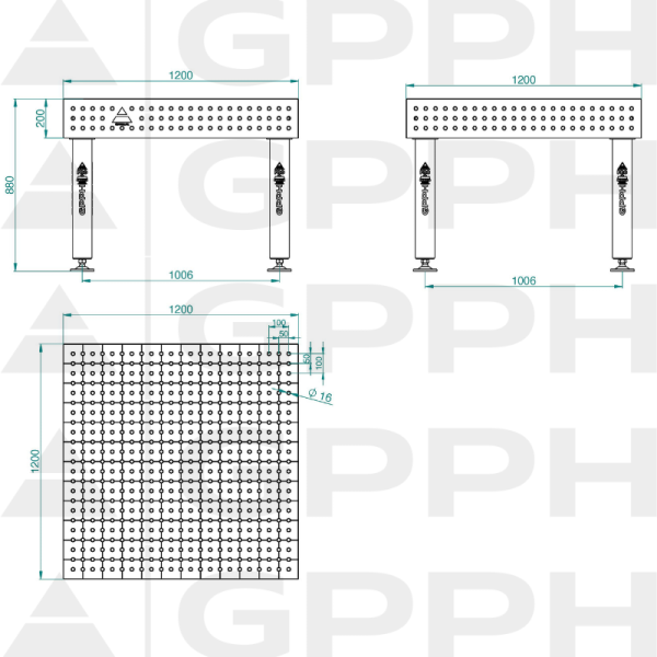 Table de soudage PRO Grille - 50x50 mm, Système - Φ16, Dimensions - 1200x1200 mm, Pieds - Sur patins Dessin technique