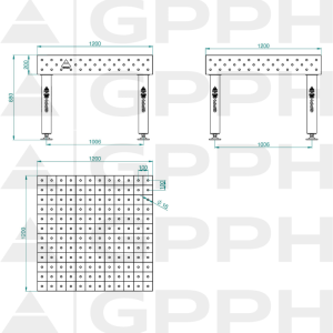 Table de soudage PRO Grille - 100x100 mm, Système - Φ16, Dimensions - 1200x1200 mm, Pieds - Sur patins Dessin technique