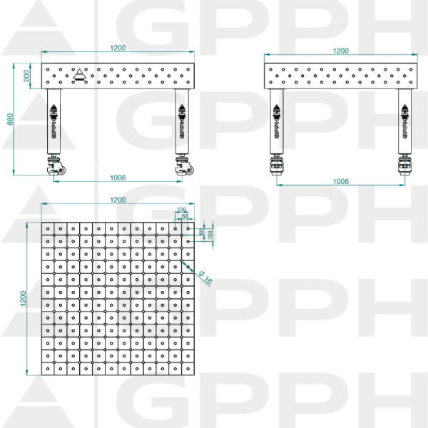 Table de soudage PRO Grille - diagonale, Système - Φ16, Dimensions - 1200x1200 mm, Pieds - Sur roulettes Dessin technique