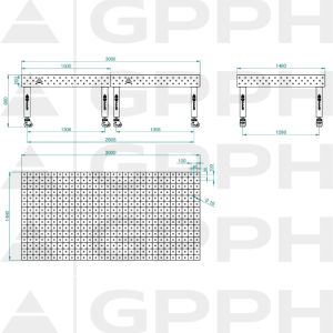 Table de soudage PRO Dimensions : 3000 x 1480 mm, Grille : diagonale, Système : Φ16, Pieds : sur roulettes Dessin technique
