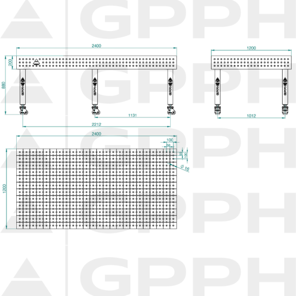 Table de soudage PLUS INOX Dimensions - 2400x1200mm, Grille - 50x50mm, Système - Φ16, Pieds - Sur roulettes - dessin technique