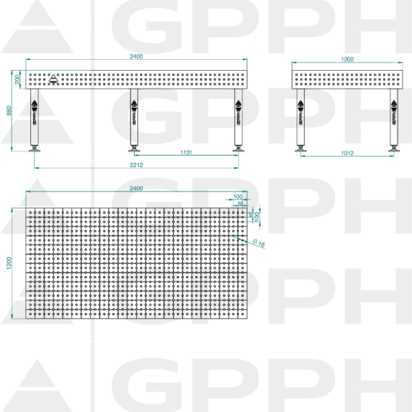 Table de soudage PLUS INOX Dimensions - 2400x1200mm, Grille - 50x50mm, Système - Φ16, Pieds - Sur socle - dessin technique