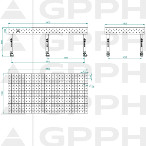 Table de soudage PLUS INOX Dimensions - 2400x1200mm, Grille - 100x100mm, Système - Φ16, Pieds - Sur roulettes - dessin technique