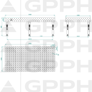 Table de soudage PLUS INOX Dimensions - 2400x1200mm, Grille - 100x100mm, Système - Φ16, Pieds - Sur socle - dessin technique