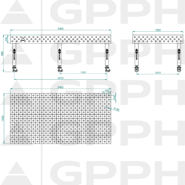 Table de soudage PLUS INOX Dimensions - 2400x1200mm, Grille - 100x100mm, Système - Φ28, Pieds - Sur roulettes - dessin technique