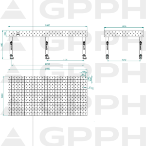 Table de soudage PLUS INOX Dimensions - 2400x1200mm, Grille - DIAGONALE, Système - Φ16, Pieds - Sur roulettes - dessin technique