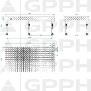 Table de soudage PLUS INOX Dimensions - 2400x1200mm, Grille - DIAGONALE, Système - Φ16, Pieds - Sur socle - dessin technique