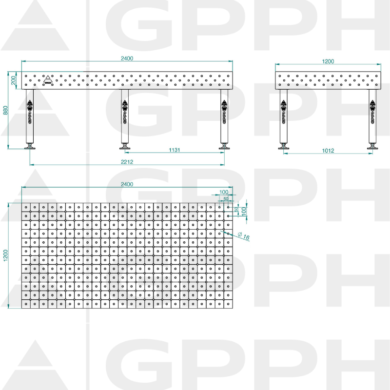 Svařovací stůl PLUS INOX Rozměr - 2400x1200mm, Síť - DIAGONÁLNÍ, Systém - Φ16, Nohy - Na patkách - technický výkres