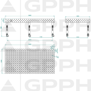 Table de soudage PLUS INOX Dimensions - 2400x1200mm, Grille - DIAGONALE, Système - Φ28, Pieds - Sur roulettes - dessin technique
