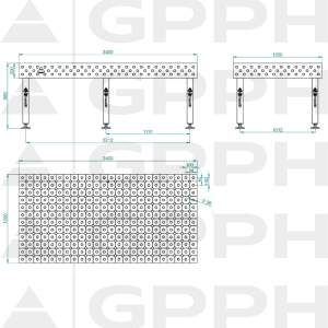 Table de soudage PLUS INOX Dimensions - 2400x1200mm, Grille - DIAGONALE, Système - Φ28, Pieds - Sur socle - dessin technique