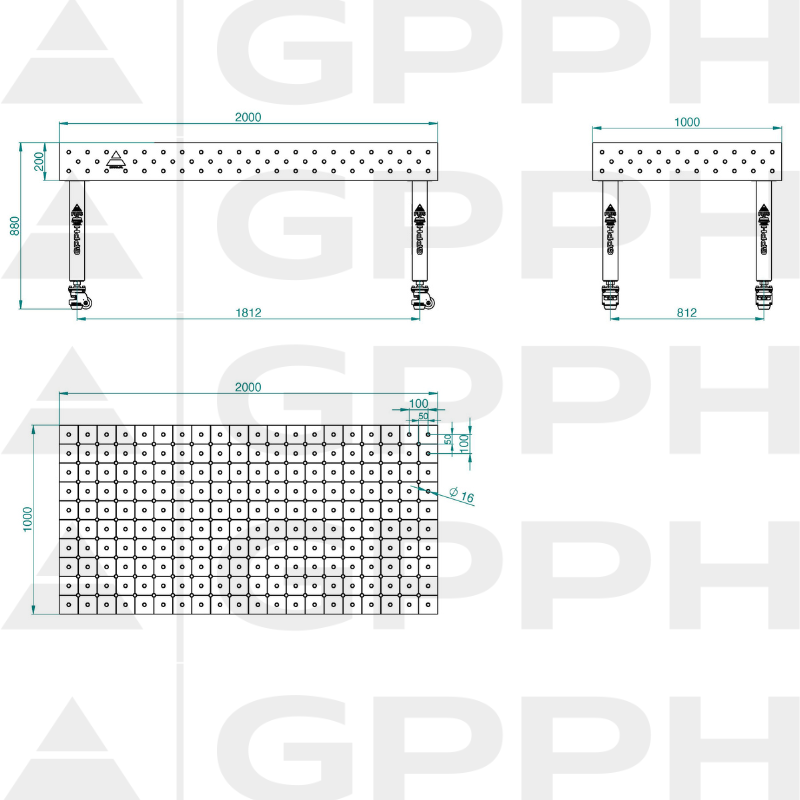 Stół Spawalniczy PLUS INOX Rozmiar - 2000x1000mm, Siatka - DIAGONALNA, System - Φ16, Nogi - Na kołach - rysunek techniczny