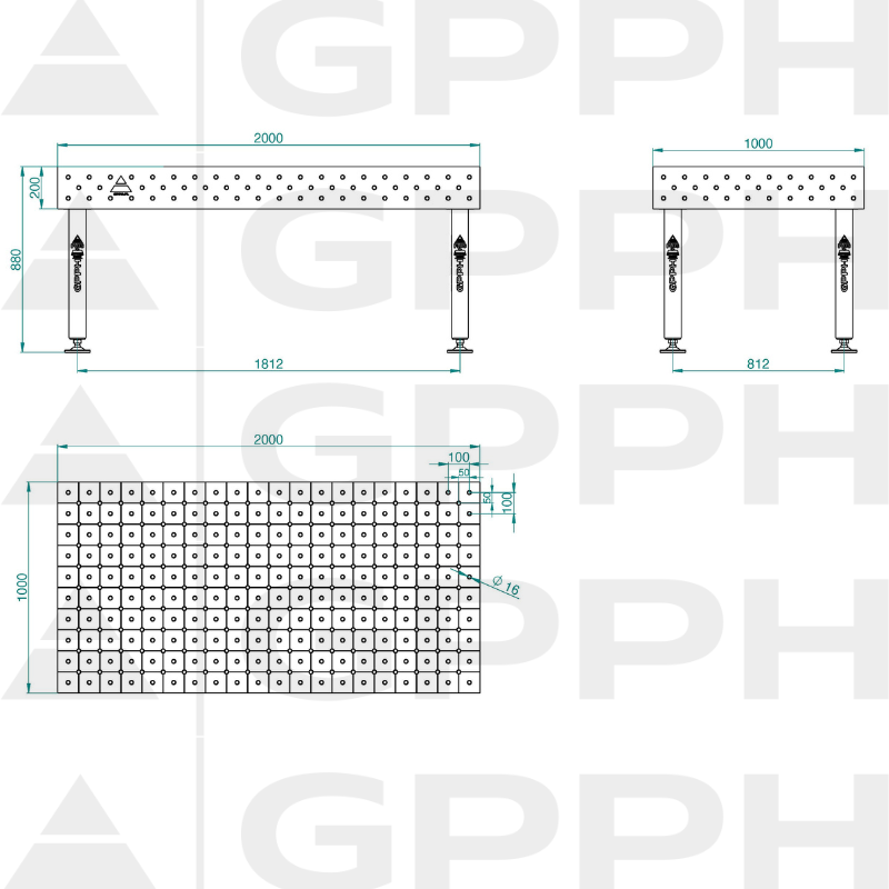 Stół Spawalniczy PLUS INOX Rozmiar - 2000x1000mm, Siatka - DIAGONALNA, System - Φ16, Nogi - Na stopach - rysunek techniczny