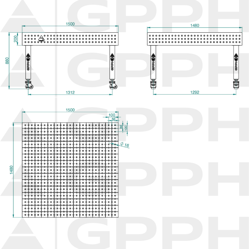 Welding table PLUS INOX Size - 1500x1480mm, Grid - 50x50mm, System - Φ16, Legs - On wheels - technical drawing