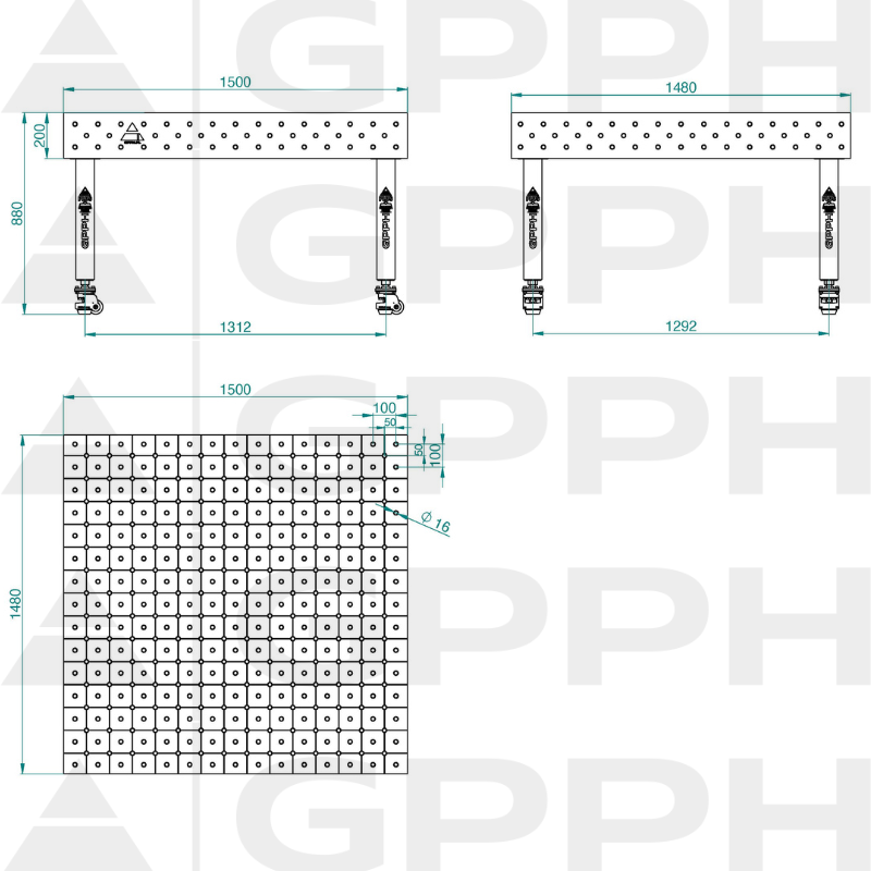 Welding table PLUS INOX Size - 1500x1480mm, Grid - DIAGONAL, System - Φ16, Legs - On wheels - technical drawing