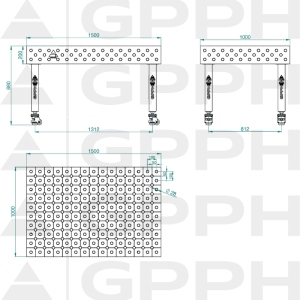 Table de soudage PLUS INOX Dimensions - 1500x1000mm, Grille - DIAGONALE, Système - Φ28, Pieds - Sur roulettes - dessin technique