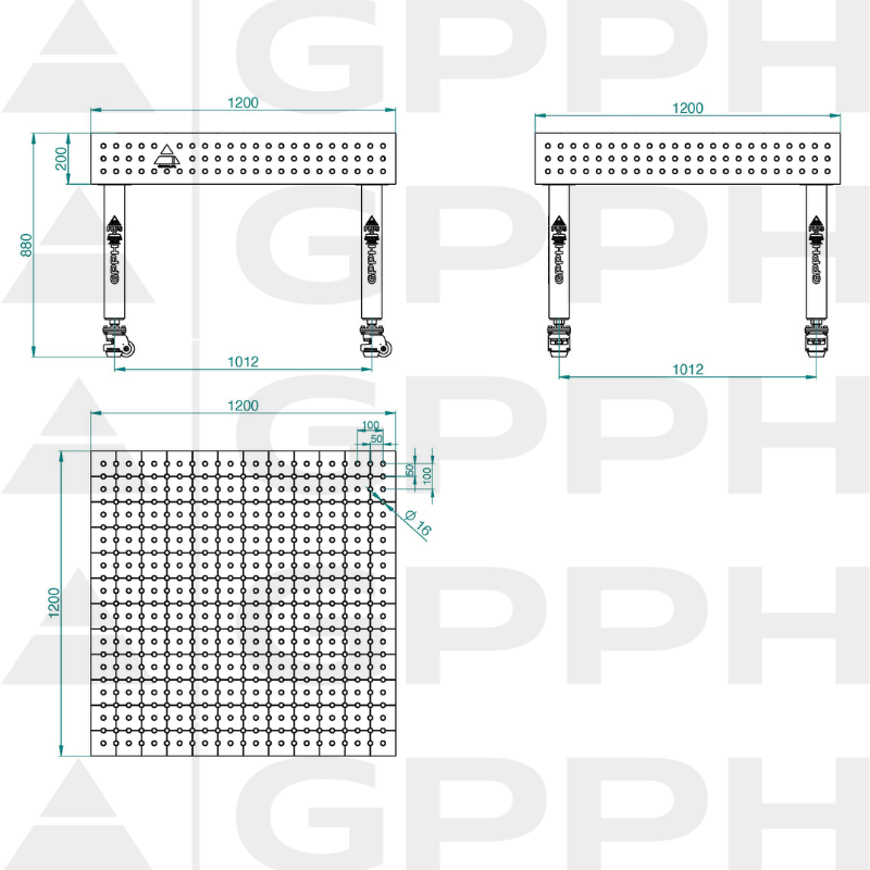 Table de soudage PLUS INOX Dimensions - 1200x1200mm, Grille - 50x50mm, Système - Φ16, Pieds - Sur roulettes - dessin technique