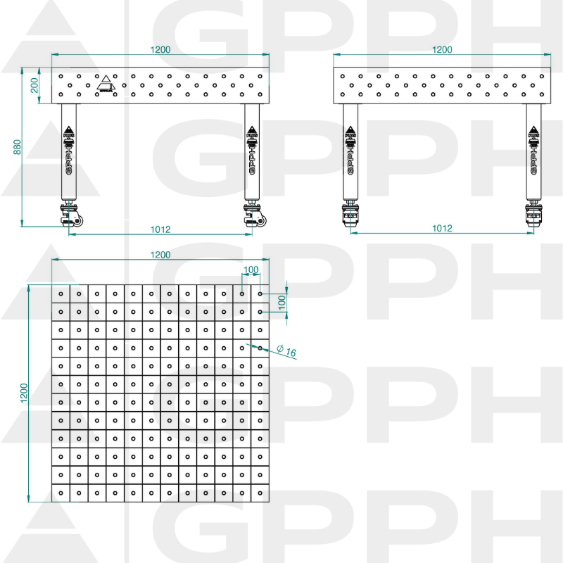 Table de soudage PLUS INOX Dimensions - 1200x1200mm, Grille - 100x100mm, Système - Φ16, Pieds - Sur roulettes - dessin technique