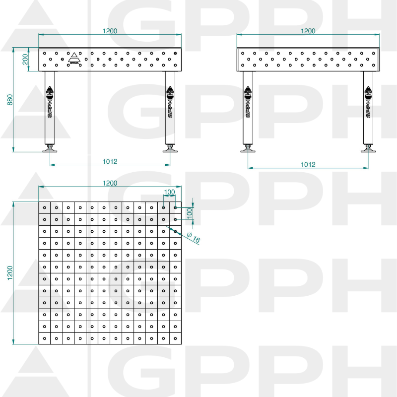 Table de soudage PLUS INOX Dimensions - 1200x1200mm, Grille - 100x100mm, Système - Φ16, Pieds - Sur socle - dessin technique