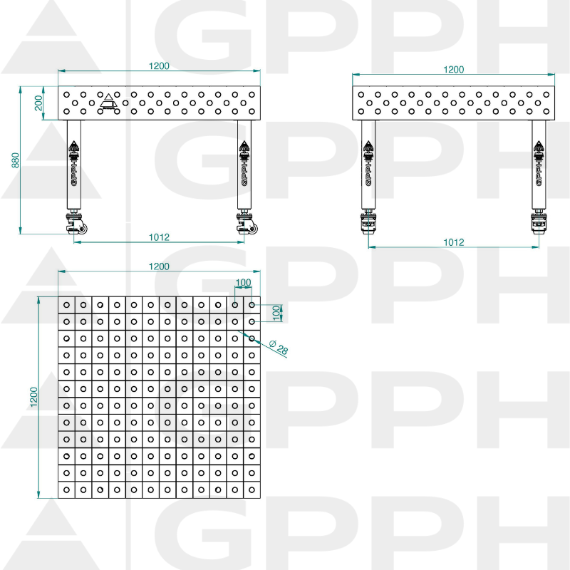 Table de soudage PLUS INOX Dimensions - 1200x1200mm, Grille - 100x100mm, Système - Φ28, Pieds - Sur roulettes - dessin technique