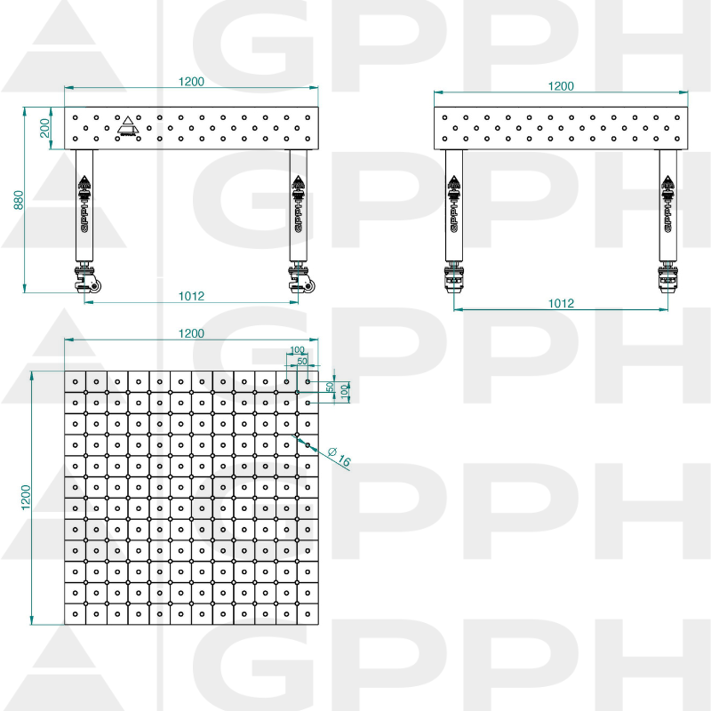 Table de soudage PLUS INOX Dimensions - 1200x1200mm, Grille - DIAGONALE, Système - Φ16, Pieds - Sur roulettes - dessin technique