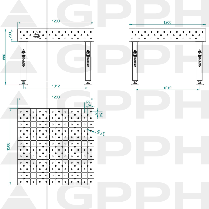 Table de soudage PLUS INOX Dimensions - 1200x1200mm, Grille - DIAGONALE, Système - Φ16, Pieds - Sur socle - dessin technique