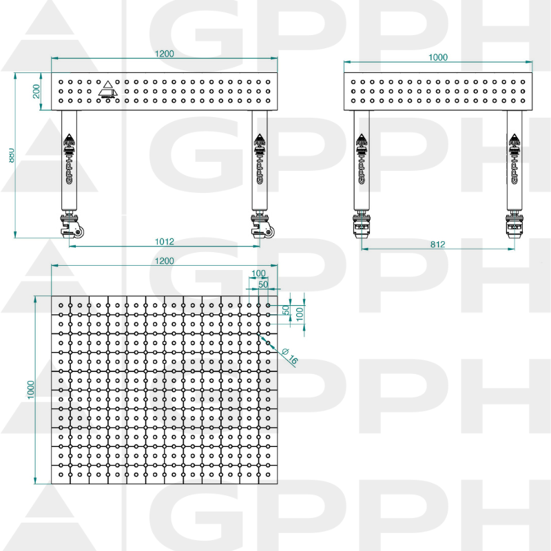 Hegesztőasztal PLUS INOX Méret - 1200x1000 mm, Háló - 50x50 mm, Rendszer - Φ16, Lábak - Kerekeken - műszaki rajz